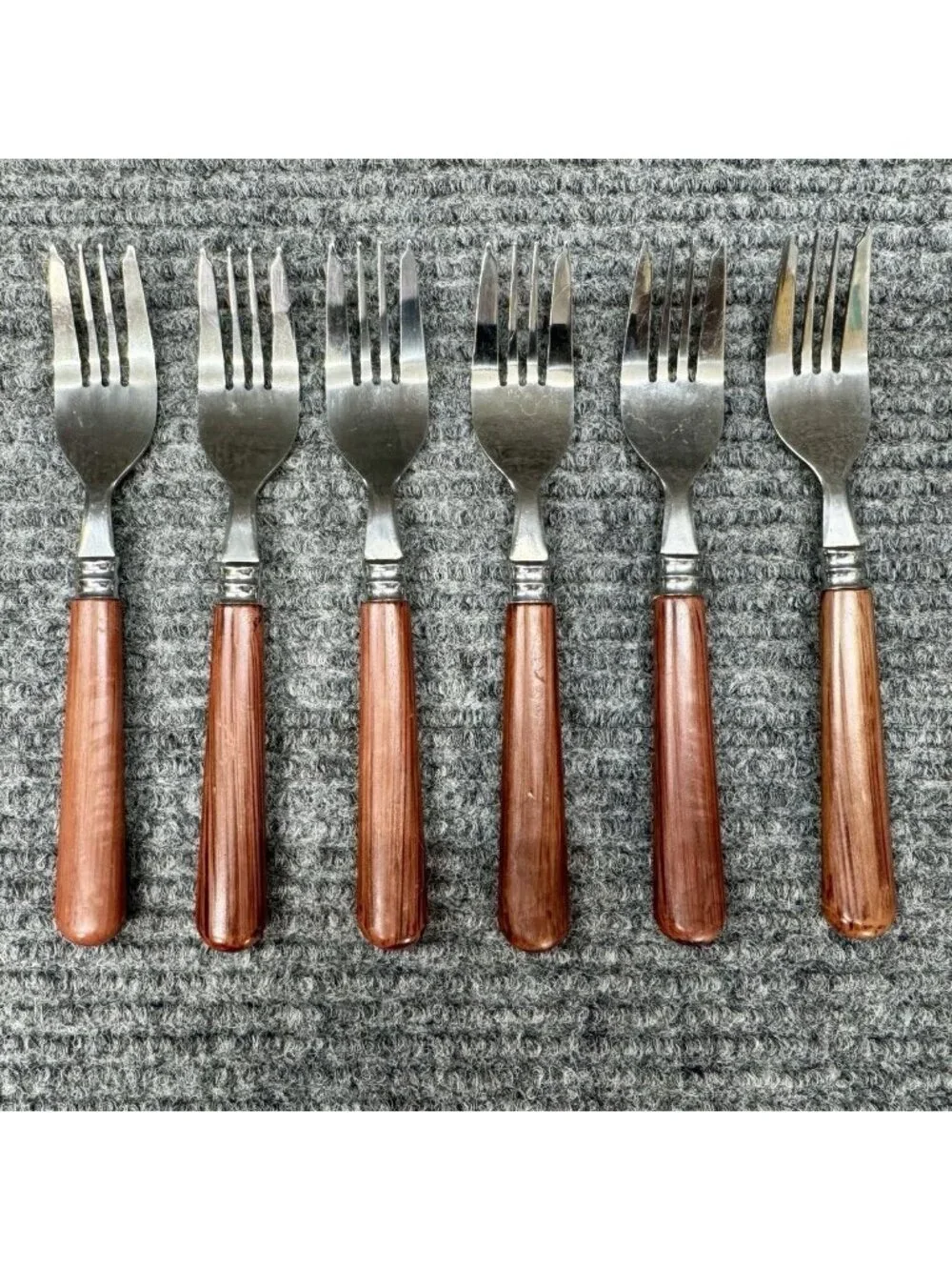 Faberware Silverware Lot Of 6 Small Forks Faux Wood Brown Handle Child Vintage